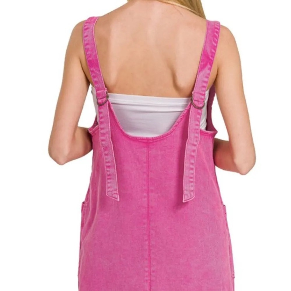 Zenana Washed Pink Denim Short Overalls | Adjustable Straps - Picture 4 of 4